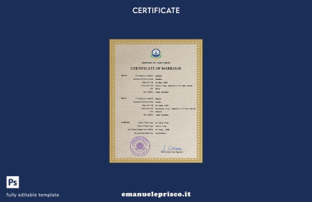 modello PSD di certificato di matrimonio di Capo Verde in stile verificato